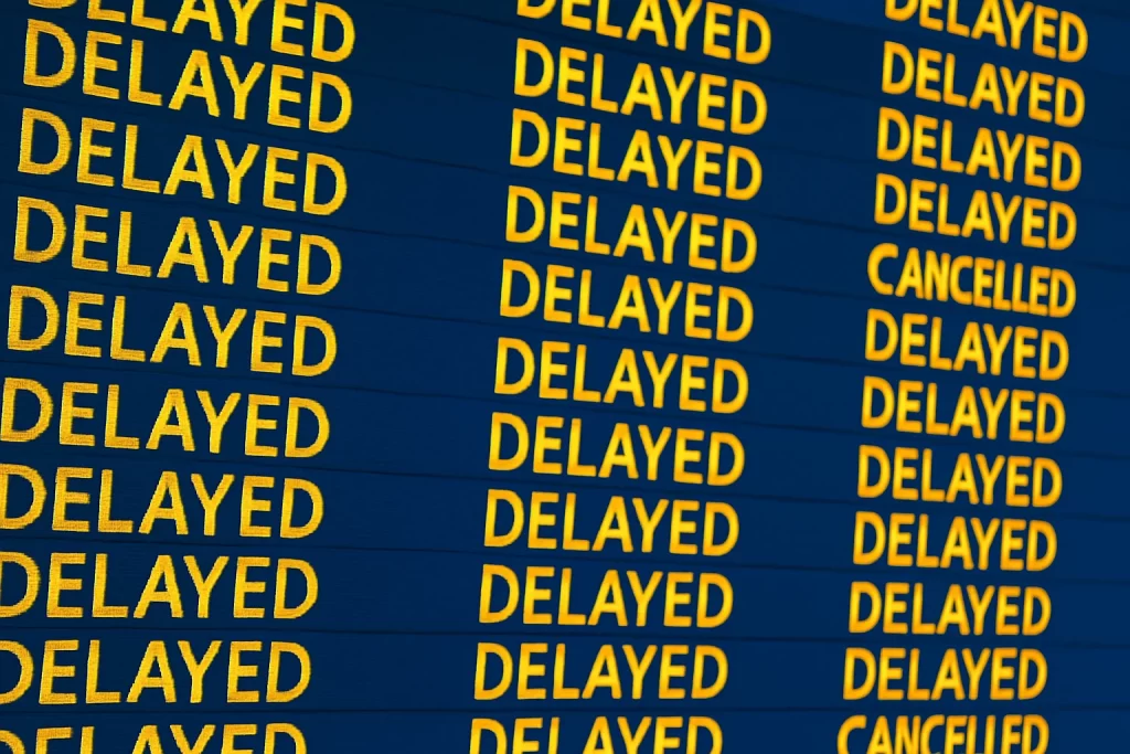 شاشة إلكترونية في مطار تعرض جدول الرحلات، مليئة بكلمات مثل "Delayed" و"Cancelled"، تُعبّر عن مشاكل الطيران بوضوح وبدون أشخاص في الصورة، ما يُظهر حجم الأزمة بشكل مباشر