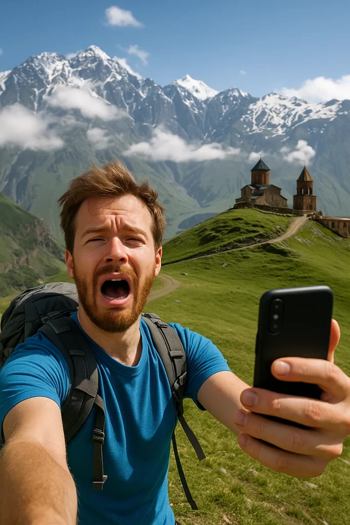 سائح يتعب من صعود جبل كازبيجي ويلتقط سيلفي أمام كنيسة غيرجيتي في جورجيا، مشهد فكاهي يعكس روح المغامرة في دليل السفر إلى جورجيا في الصيف