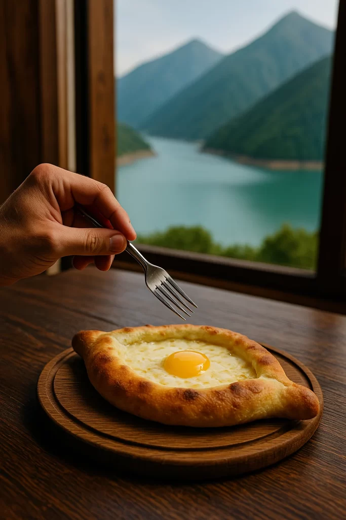 خاشابوري جورجي طازج أمام نافذة تطل على الجبال، ضمن تجربة الطعام في دليل السفر إلى جورجيا في الصيف