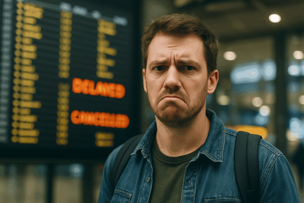 مسافر يقف أمام شاشة رحلات في المطار تعرض عبارة "الرحلة ملغاة"، مع تعبير وجه غاضب وحائر، في مشهد يُجسد مشاكل الطيران وتأثيرها على المسافرين