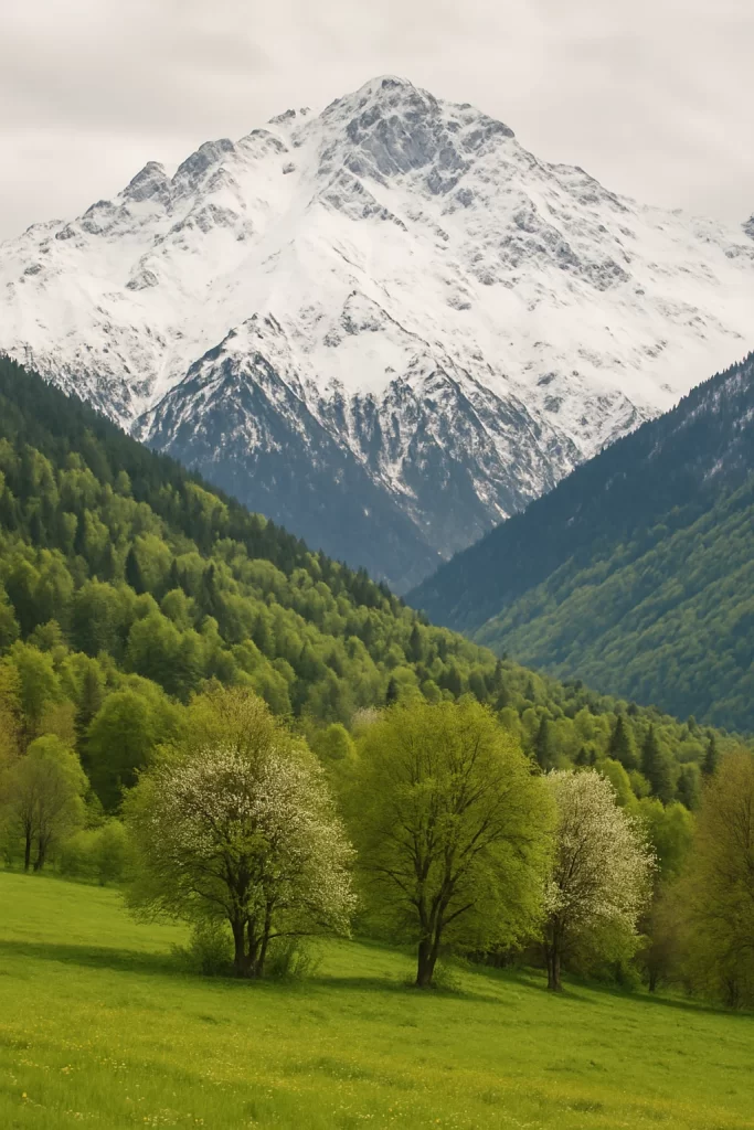 صورة طبيعية رأسية تمثل الطقس فى جورجيا تُظهر واديًا أخضر واسعًا في جورجيا، تنتشر فيه أشجار مزهرة في الربيع، وتتدرج الخلفية نحو جبال شاهقة مغطاة بالثلوج تحت سماء رمادية هادئة