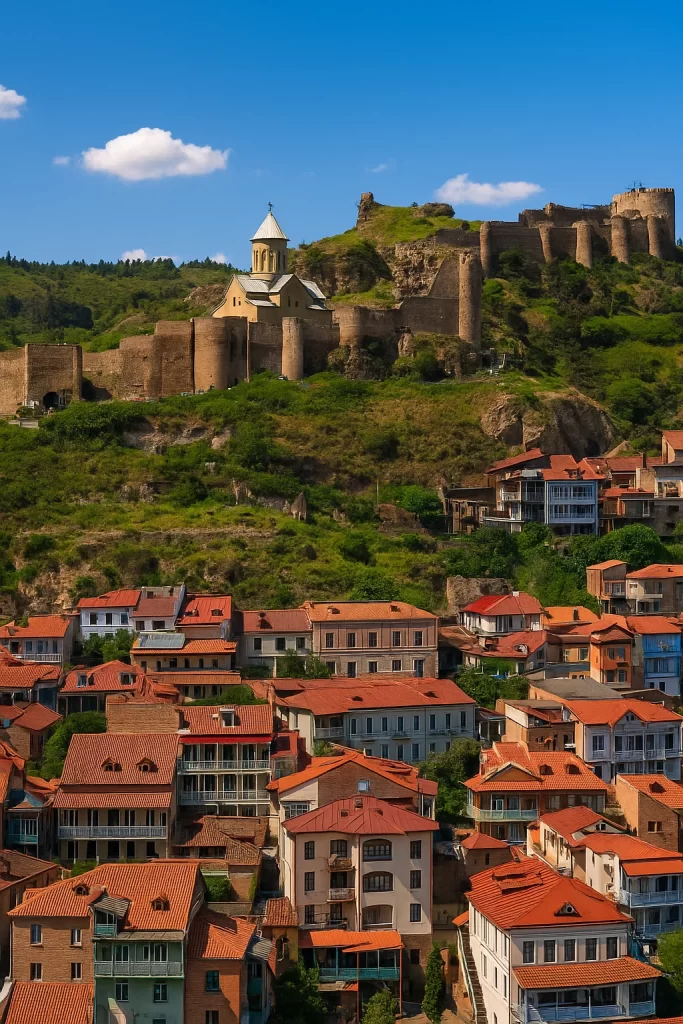 منظر طبيعي نهاري في جورجيا يمثل الطقس فى جورجيا ويظهر فيه وادٍ أخضر تغطيه الأشجار الكثيفة، تمتد خلفه تلال مكسوّة بالغابات، وتنتهي بسلسلة جبال شامخة مغطاة بالثلوج تحت سماء ملبدة بالغيوم