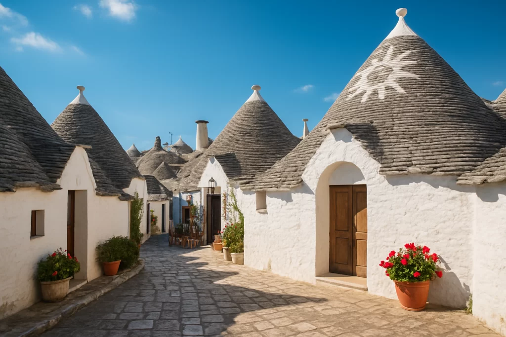 منظر ساحر لمدينة ألبيروبيلو في جنوب إيطاليا، تُظهر منازل ترولي البيضاء ذات الأسطح المخروطية المتراصة بجانب بعضها وسط أزقة ضيقة، في أجواء مشمسة وريفية تعكس طابع القرون الوسطى وجمال العمارة التقليدية