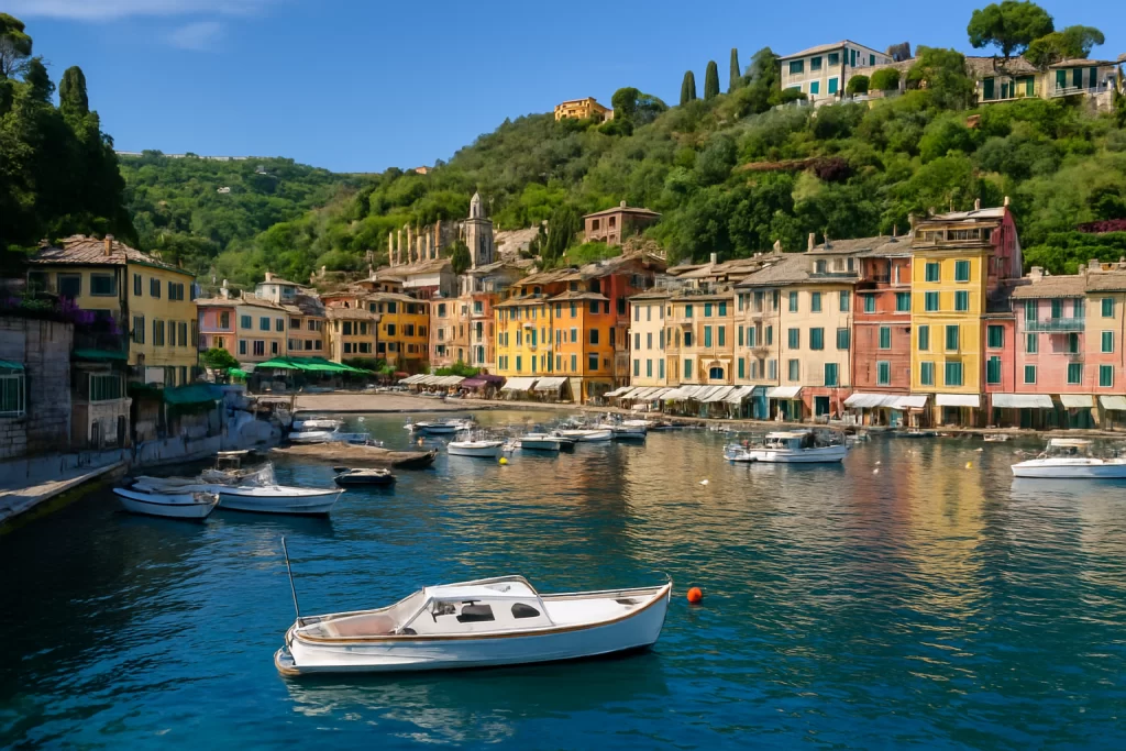 منظر بانورامي لقرية بورتوفينو الساحلية في إيطاليا، تظهر فيها مبانٍ زاهية الألوان تطل على ميناء صغير مليء باليخوت الفاخرة، وتحيط بها تلال خضراء كثيفة، تحت سماء صافية تعكس أجواء فاخرة وهادئة على الريفييرا الليغورية