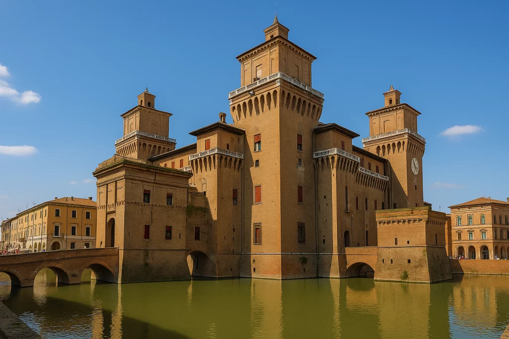 منظر تاريخي لمدينة فيرارا الإيطالية يُظهر قلعة إستي العريقة ذات الأبراج الحجرية والخندق المائي، تُحيط بها مبانٍ كلاسيكية وساحة مرصوفة، مع سماء صافية وأشعة شمس خفيفة تعكس أجواء عصر النهضة