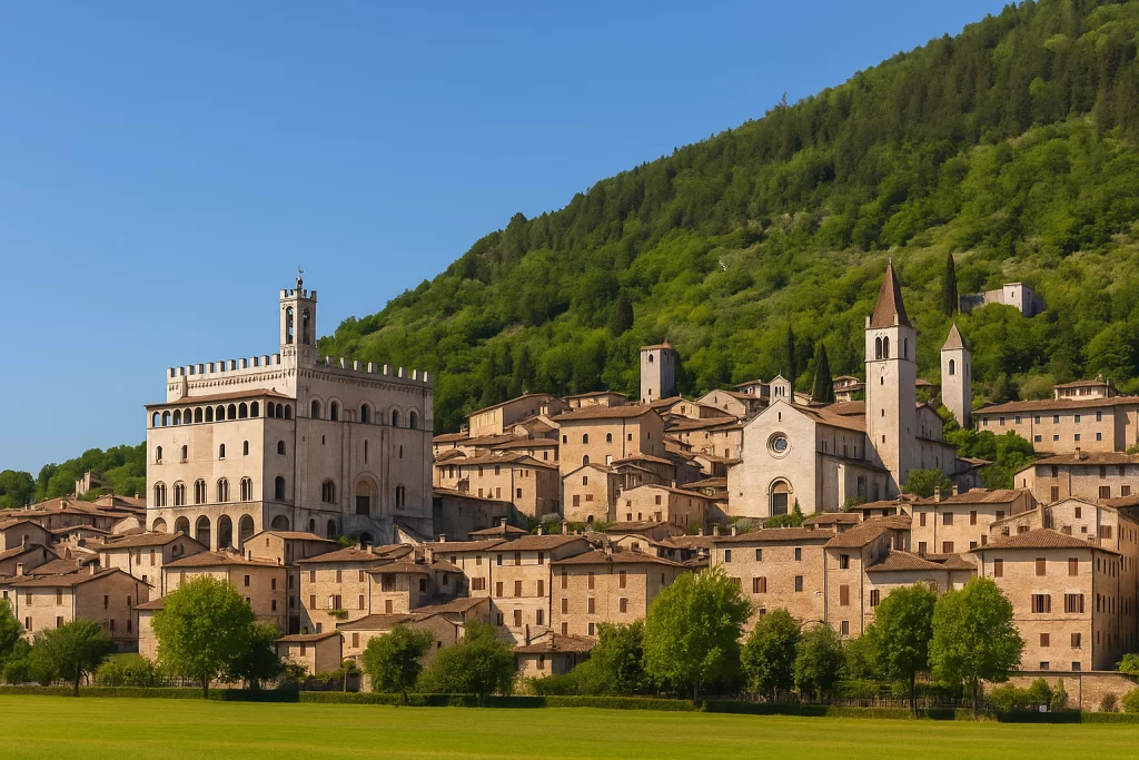 كاتدرائية أورفييتو الشهيرة في إيطاليا، بواجهتها القوطية المزخرفة بالنقوش الذهبية والفسيفساء الدقيقة، تقف شامخة على جرف صخري فوق المدينة القديمة، وتُحيط بها مبانٍ حجرية تاريخية وأشجار خضراء في يوم مشمس صافٍ