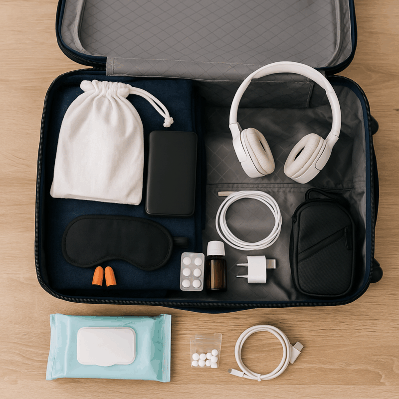 صورة واقعية تُظهر حقيبة سفر مفتوحة على سرير داخل غرفة نوم دافئة الإضاءة، تحتوي على 7 عناصر أساسية تُعتبر من الأشياء التي لا تسافر بدونها، مثل الشاحن المتنقل، قناع العين، كابل شحن، مناديل مبللة، جواز سفر، وسماعات رأس، وجميعها مرتبة بعناية استعدادًا لرحلة سفر قريبة