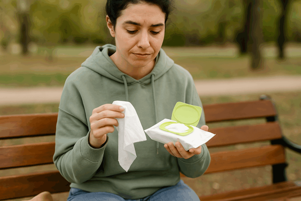 امرأة تجلس على مقعد في الهواء الطلق ممسكة بمناديل مبللة، في مشهد يعكس لحظة استعداد للسفر، حيث تُعد هذه المناديل من الأشياء التي لا تسافر بدونها، في خلفية طبيعية هادئة تعكس أهمية التفاصيل الصغيرة في راحة المسافر