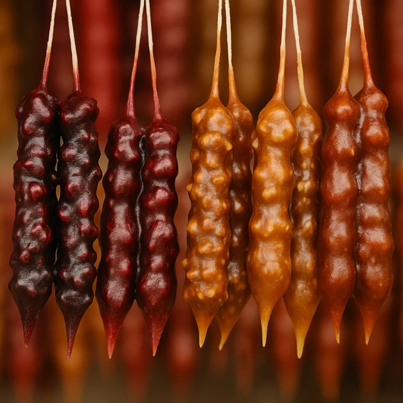 مجموعة من حبال تشوريتشيلا الجورجية معلّقة بألوان متعددة من عصير العنب، تُظهر المكسرات بداخلها بوضوح — من أكلات جورجيا الشهية والحلويات التقليدية المميزة