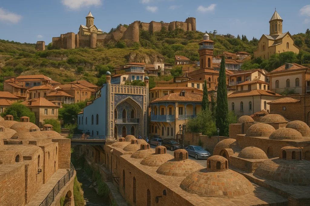 حي أبانوتوباني في تبليسي يظهر بحماماته الكبريتية المقببة والمباني المزخرفة بجانب قلعة ناريكالا، تحت تلال خضراء وأجواء مشمسة