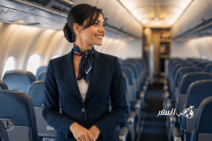 مضيفة طيران تقف داخل مقصورة طائرة حديثة بابتسامة احترافية أثناء الاستعداد لرحلة جوية، ضمن أجواء سفر واقعية ومشرقة
